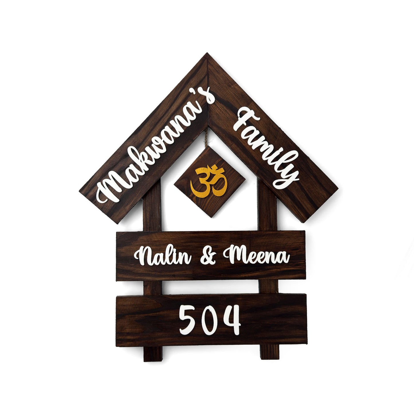 House With Roof And Double Plank Hand-Painted Wooden Hut-Shaped Name Plate For Home - Wooden Finish