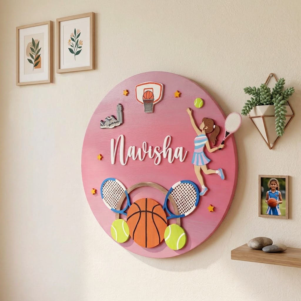Tennis & Basketball Themed Hand-Painted Wooden Round Kids Name Plate