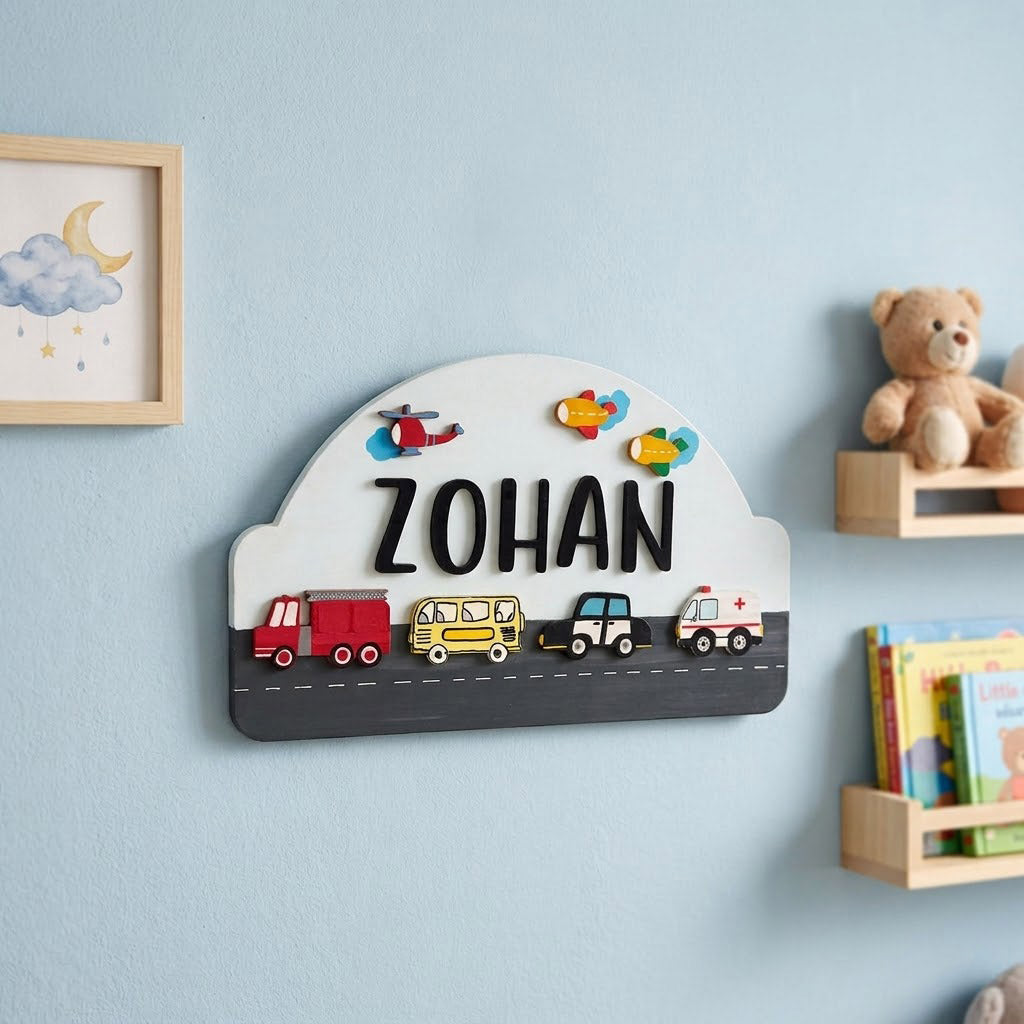 Vehicles Themed Hand-Painted Wooden Arch-Shaped Kids Name Plate