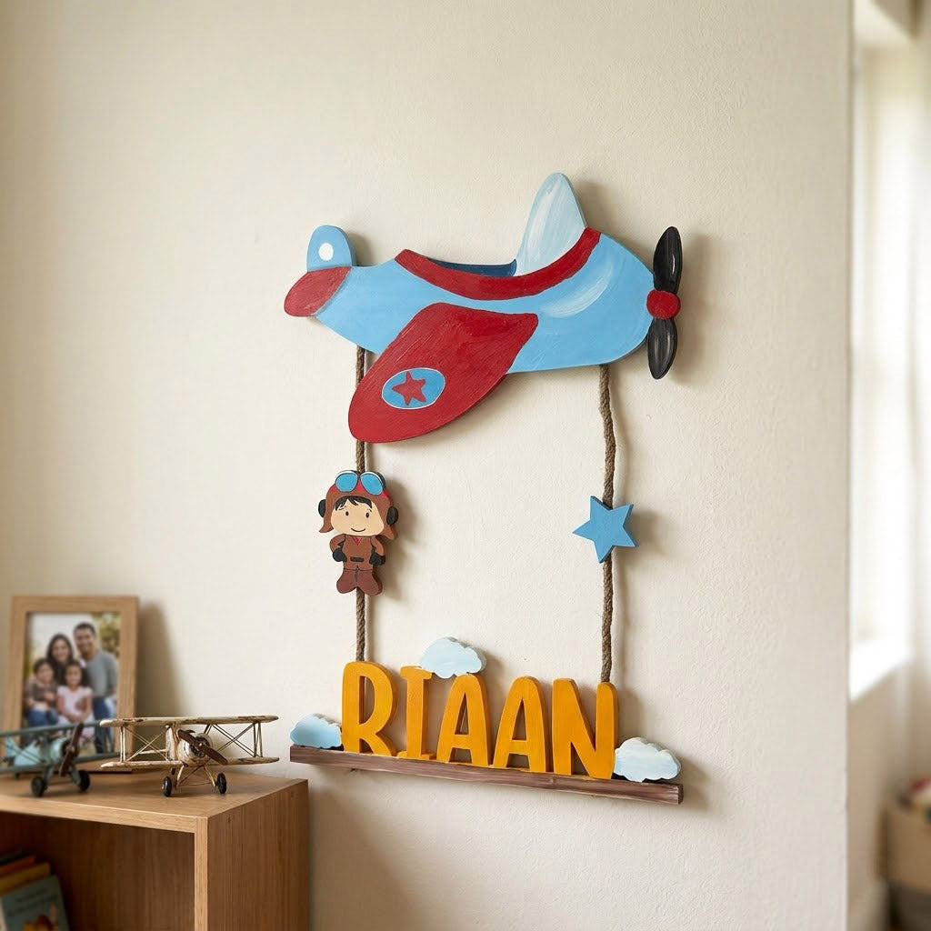 Airplane Pilot Themed Hand-Painted Wooden Kids Name Plate - Design 3