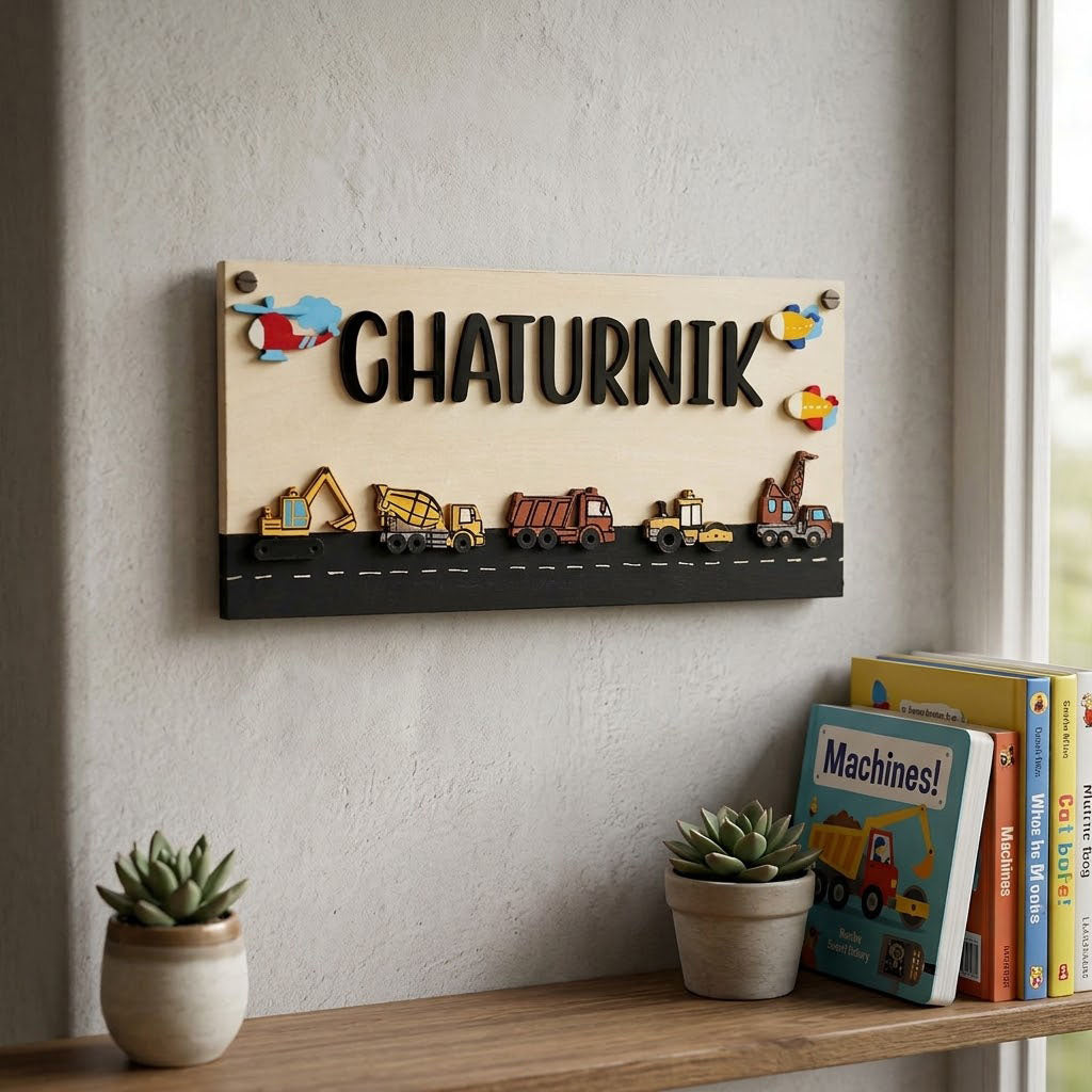 Construction Vehicles Themed Hand-Painted Wooden Kids Name Plate - Design 2