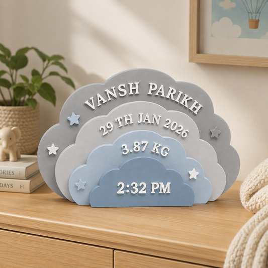 Clouds Themed Hand-Painted Wooden Personalised Baby Birth Details Name Plate