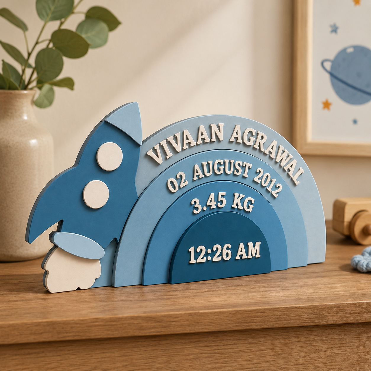 Rocket Space Themed Hand-Painted Wooden Personalised Baby Birth Details Name Plate