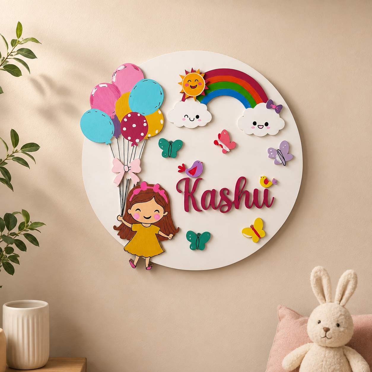 Girl With Balloons Themed Hand-Painted Wooden Round Kids Name Plate