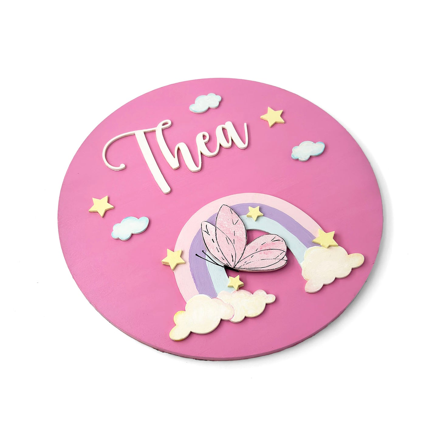 Butterfly & Rainbow Themed Hand-Painted Wooden Round Kids Name Plate - Design 1