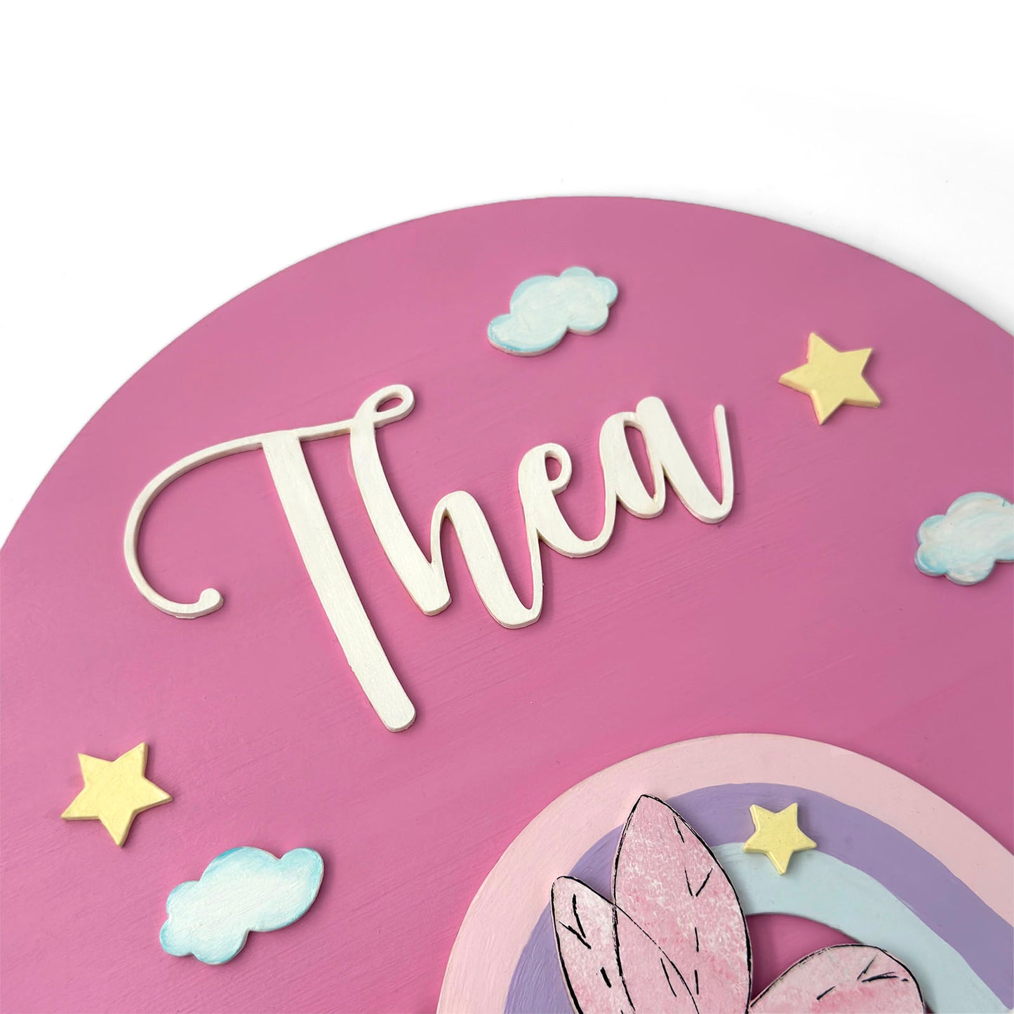 Butterfly & Rainbow Themed Hand-Painted Wooden Round Kids Name Plate - Design 1