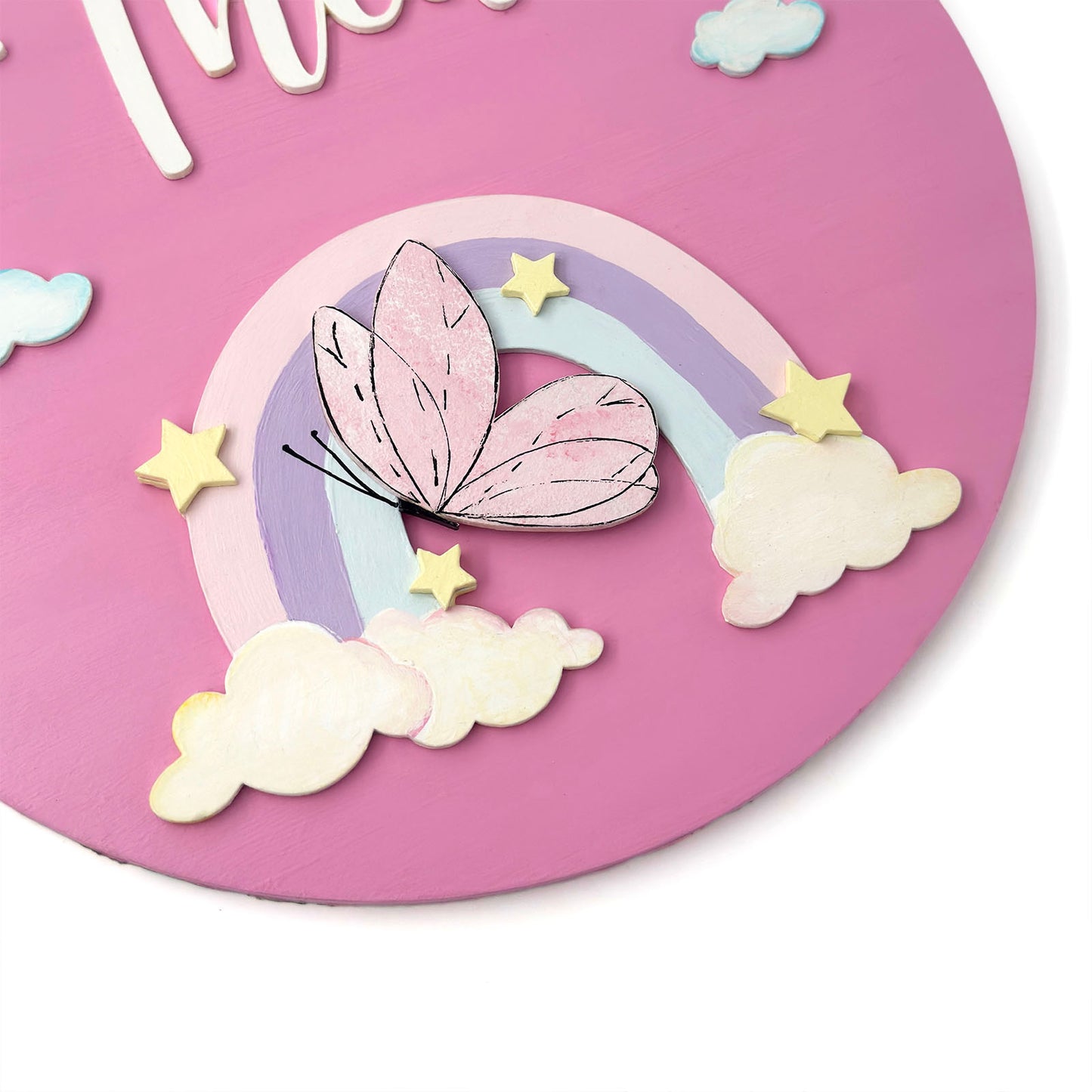 Butterfly & Rainbow Themed Hand-Painted Wooden Round Kids Name Plate - Design 1