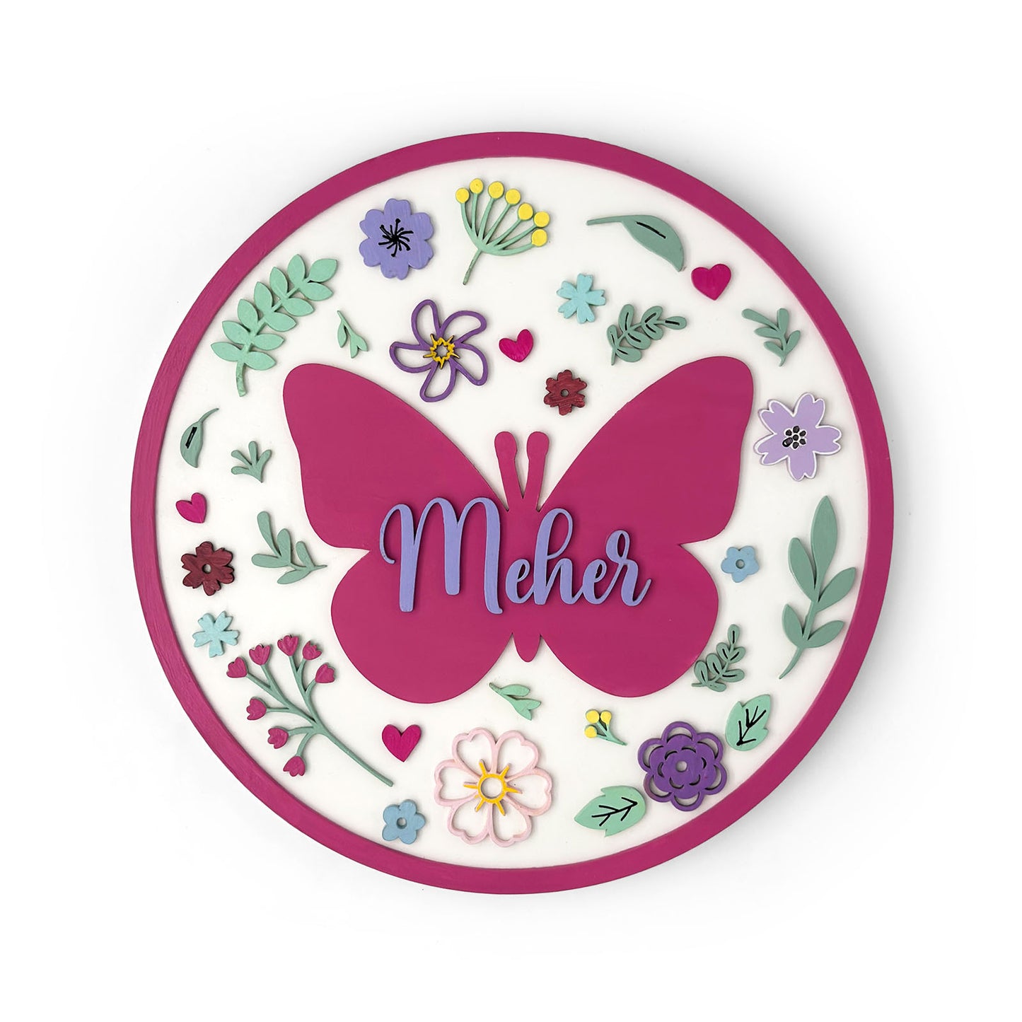 Butterfly & Flower Themed Hand-Painted Wooden Round Kids Name Plate - Design 1