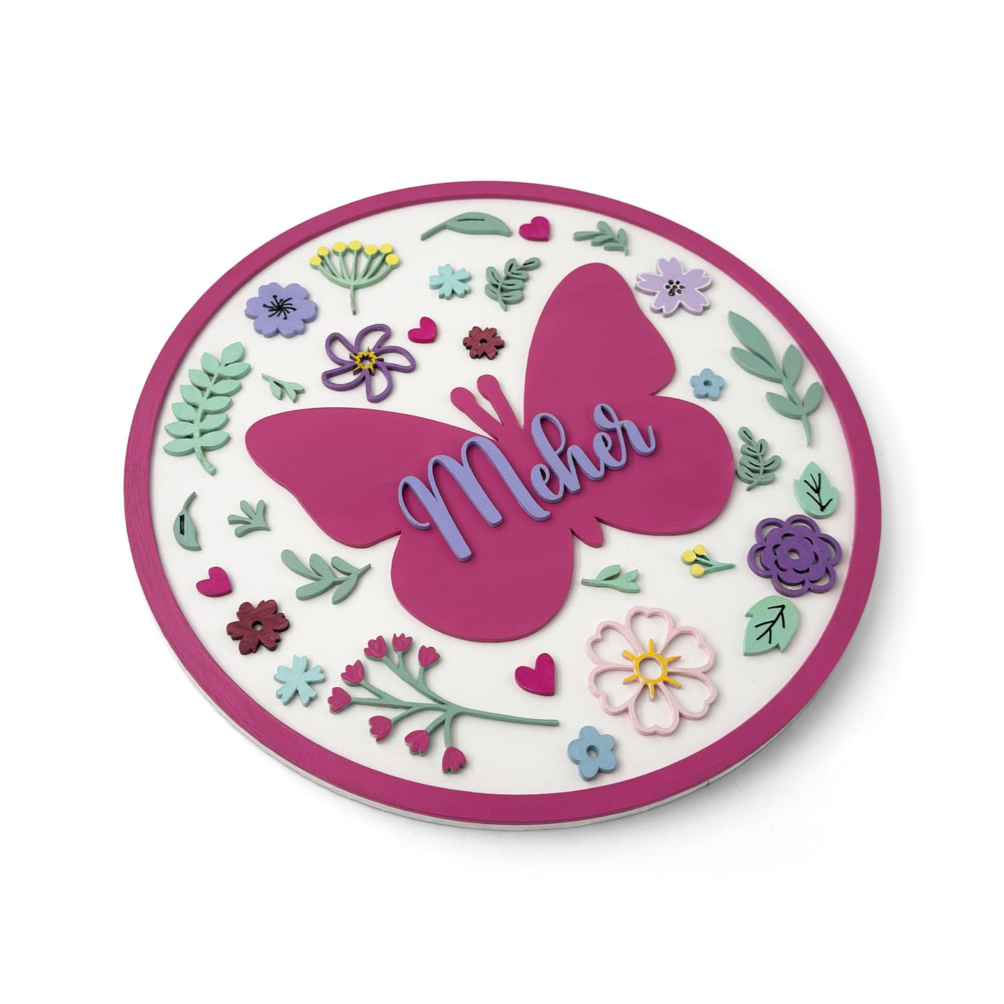 Butterfly & Flower Themed Hand-Painted Wooden Round Kids Name Plate - Design 1