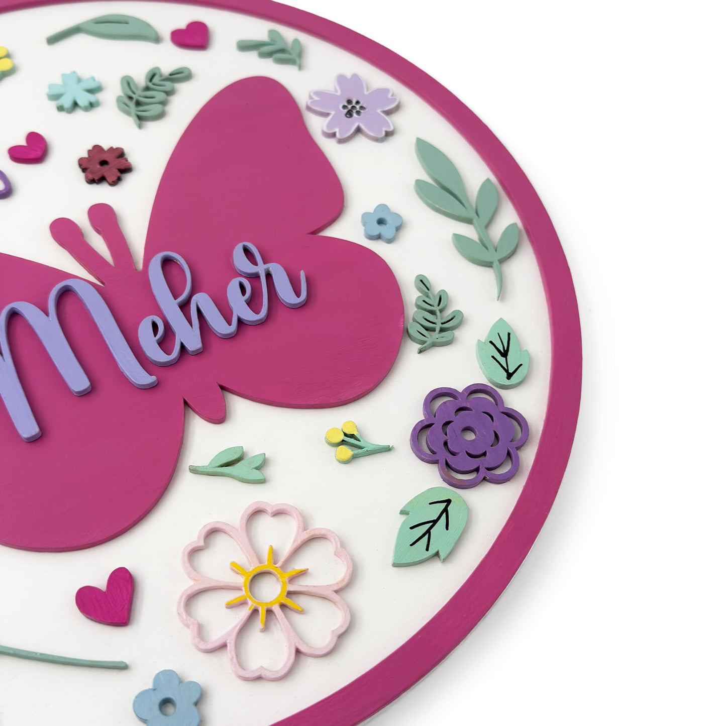 Butterfly & Flower Themed Hand-Painted Wooden Round Kids Name Plate - Design 1