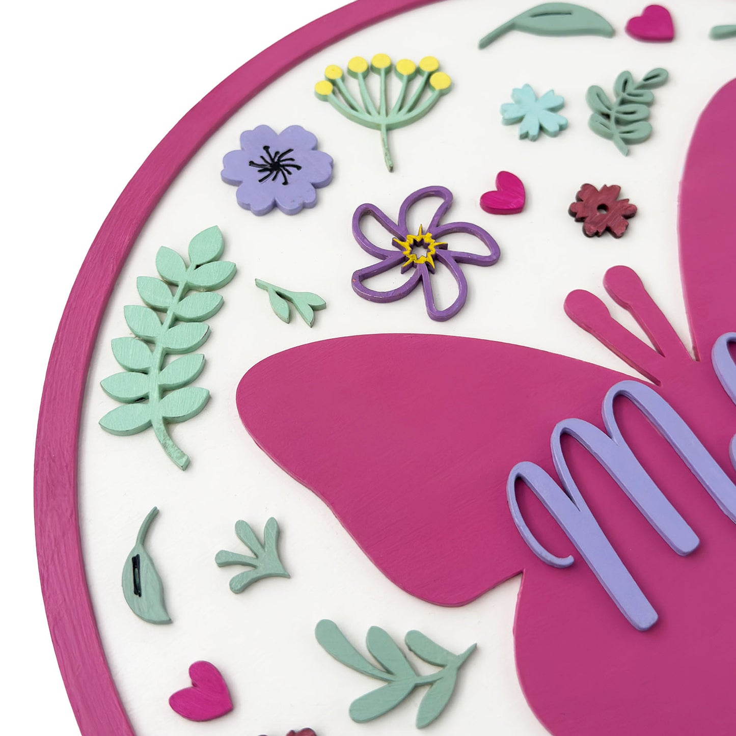 Butterfly & Flower Themed Hand-Painted Wooden Round Kids Name Plate - Design 1