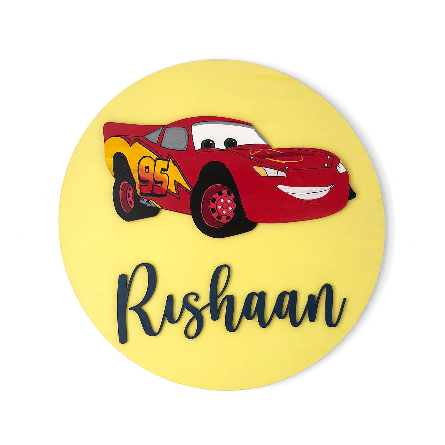Lightning McQueen Car Themed Hand-Painted Wooden Round Kids Name Plate - Design 1