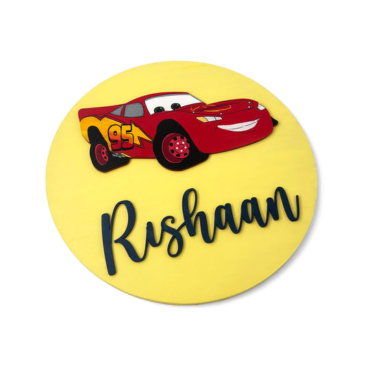 Lightning McQueen Car Themed Hand-Painted Wooden Round Kids Name Plate - Design 1