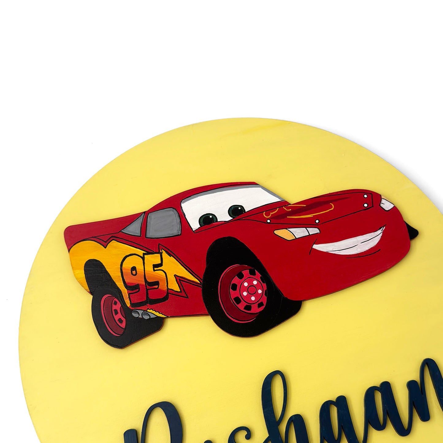 Lightning McQueen Car Themed Hand-Painted Wooden Round Kids Name Plate - Design 1