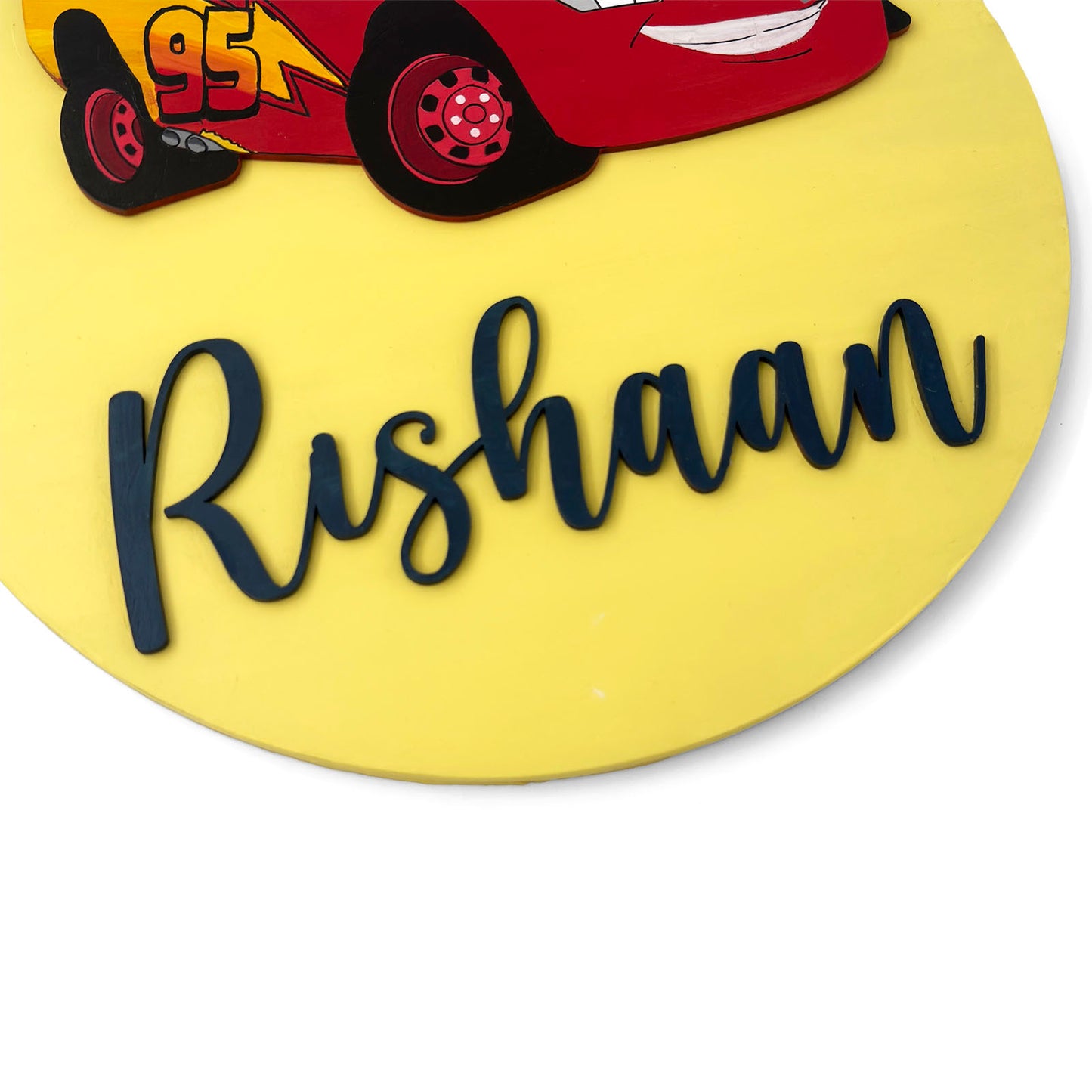 Lightning McQueen Car Themed Hand-Painted Wooden Round Kids Name Plate - Design 1