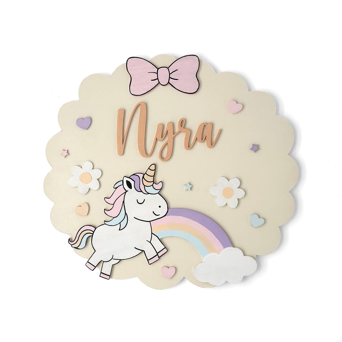 Unicorn Themed Hand-Painted Wooden Scalloped Cloud Kids Name Plate - Design 1