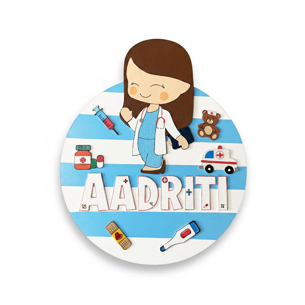 Doctor Themed Hand-Painted Wooden Round Kids Name Plate - Design 1