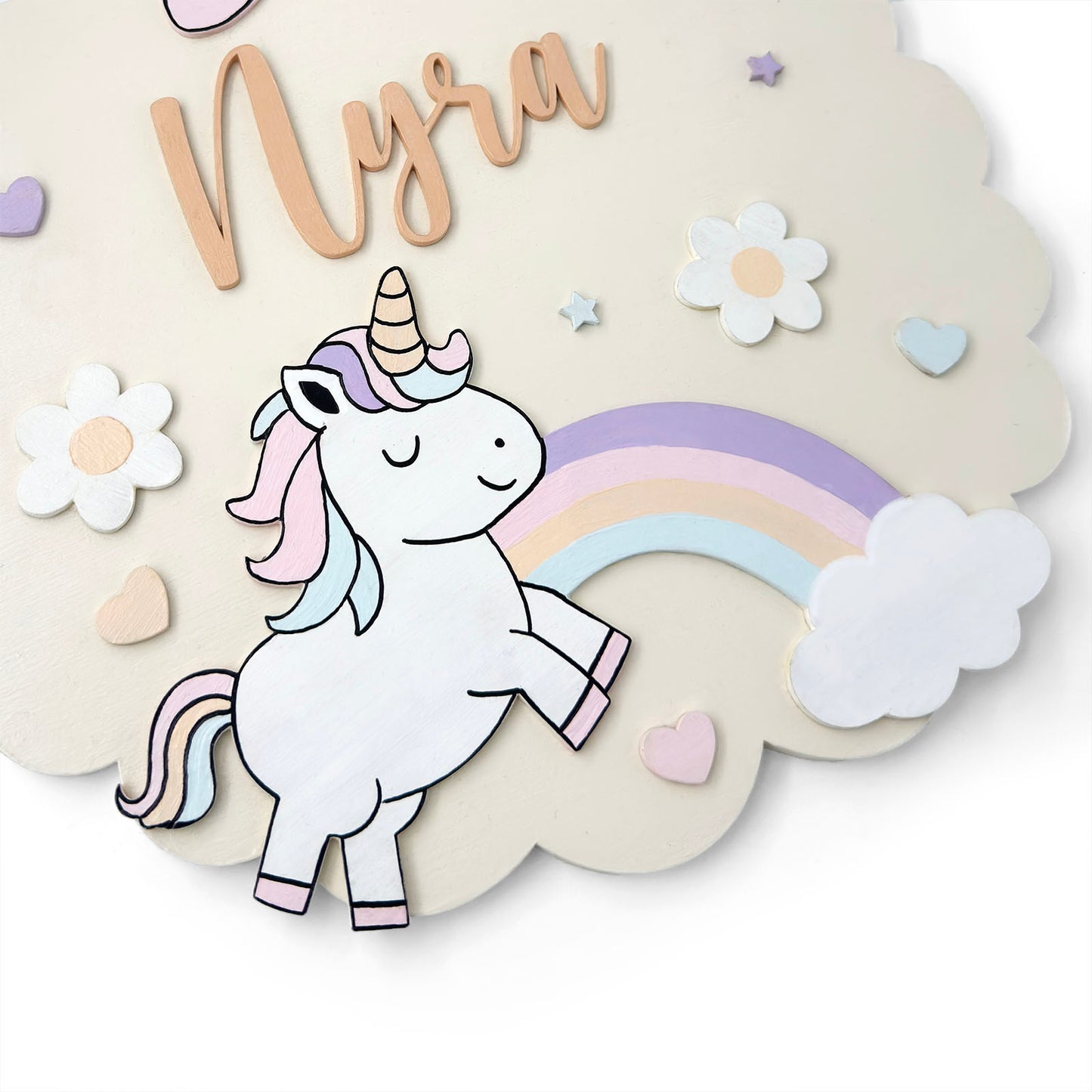 Unicorn Themed Hand-Painted Wooden Scalloped Cloud Kids Name Plate - Design 1
