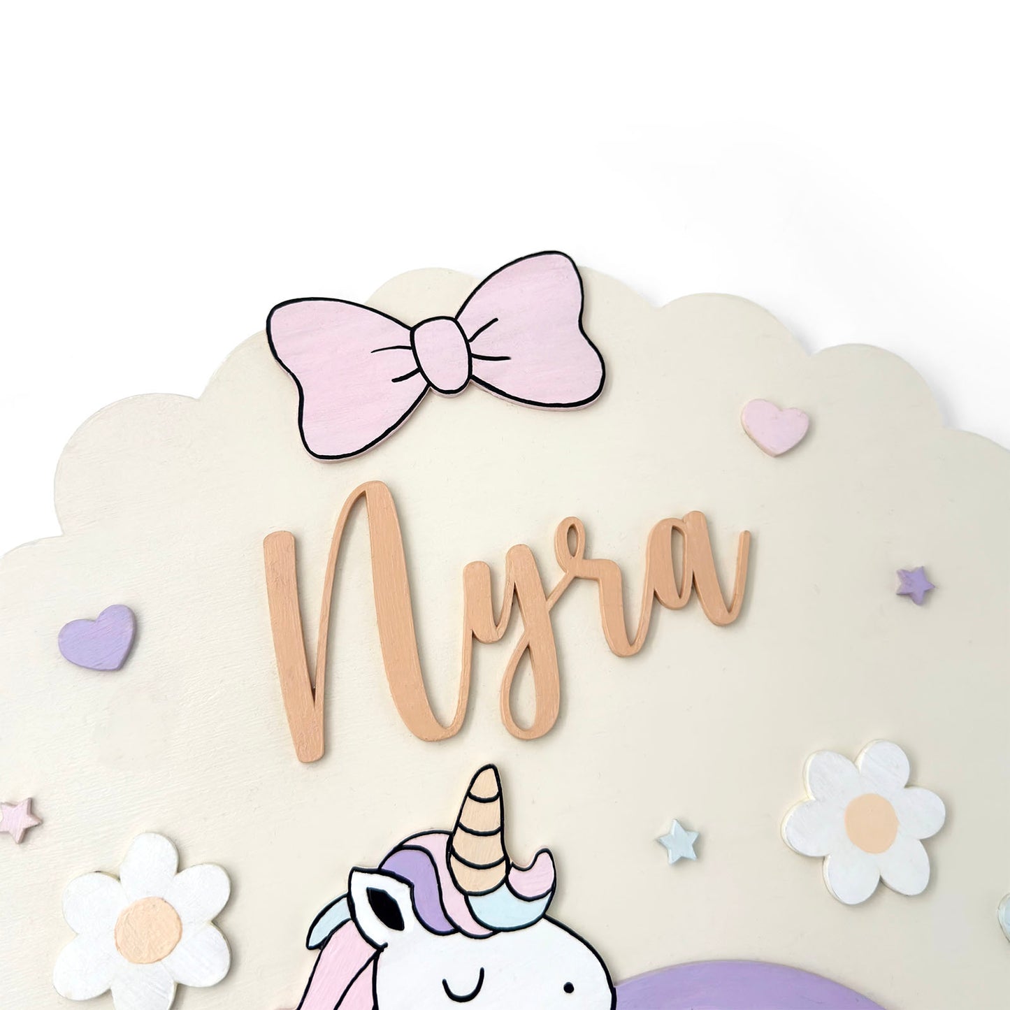Unicorn Themed Hand-Painted Wooden Scalloped Cloud Kids Name Plate - Design 1