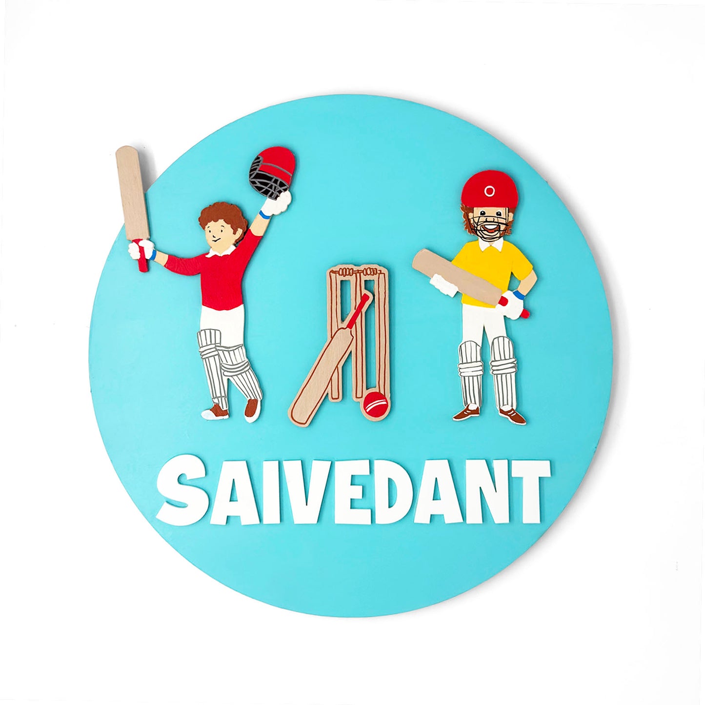 Cricket Themed Hand-Painted Wooden Round Kids Name Plate - Design 1