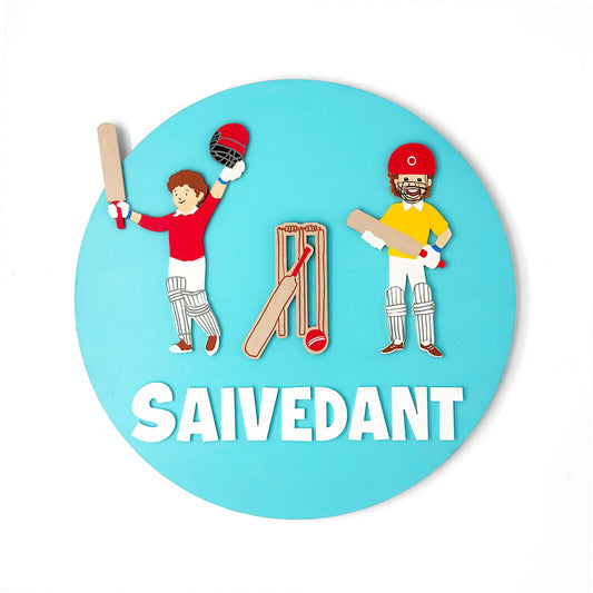 Cricket Themed Hand-Painted Wooden Round Kids Name Plate - Design 1