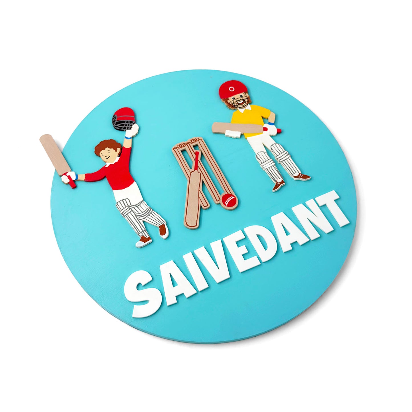 Cricket Themed Hand-Painted Wooden Round Kids Name Plate - Design 1