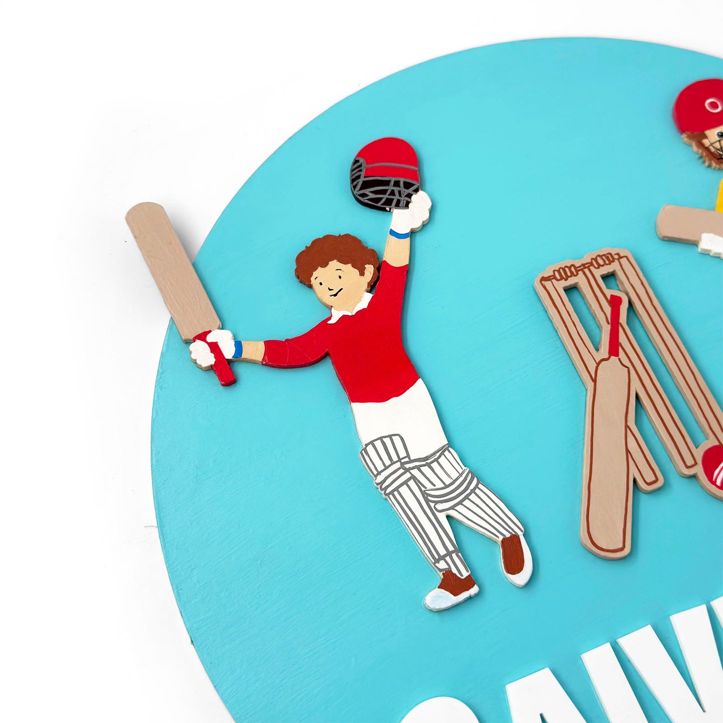 Cricket Themed Hand-Painted Wooden Round Kids Name Plate - Design 1