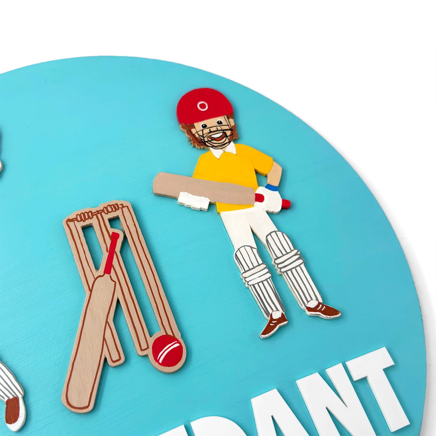 Cricket Themed Hand-Painted Wooden Round Kids Name Plate - Design 1