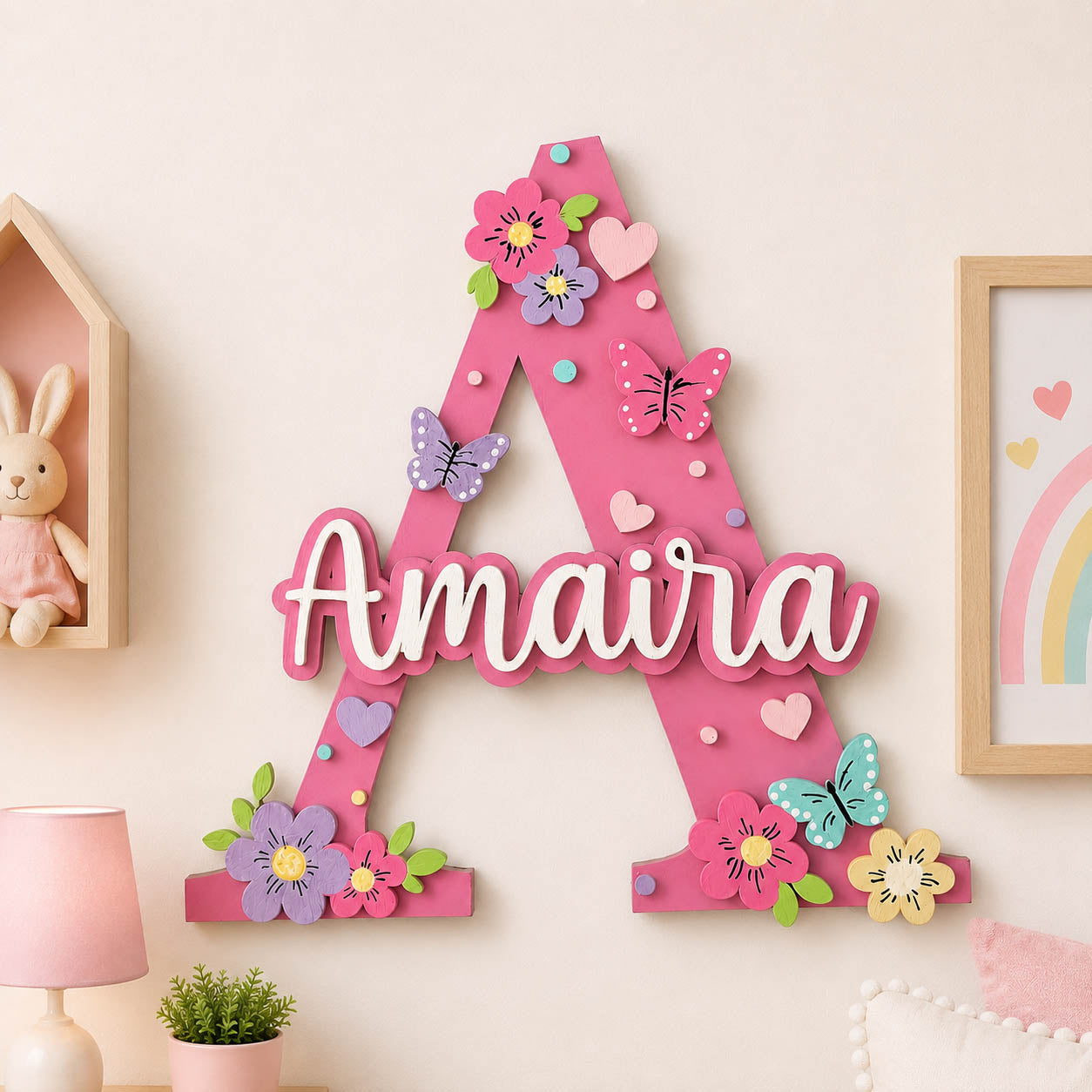 Butterfly & Flower Themed Layered Alphabet Initial Hand-Painted Wooden Kids Name Plate - Design 1
