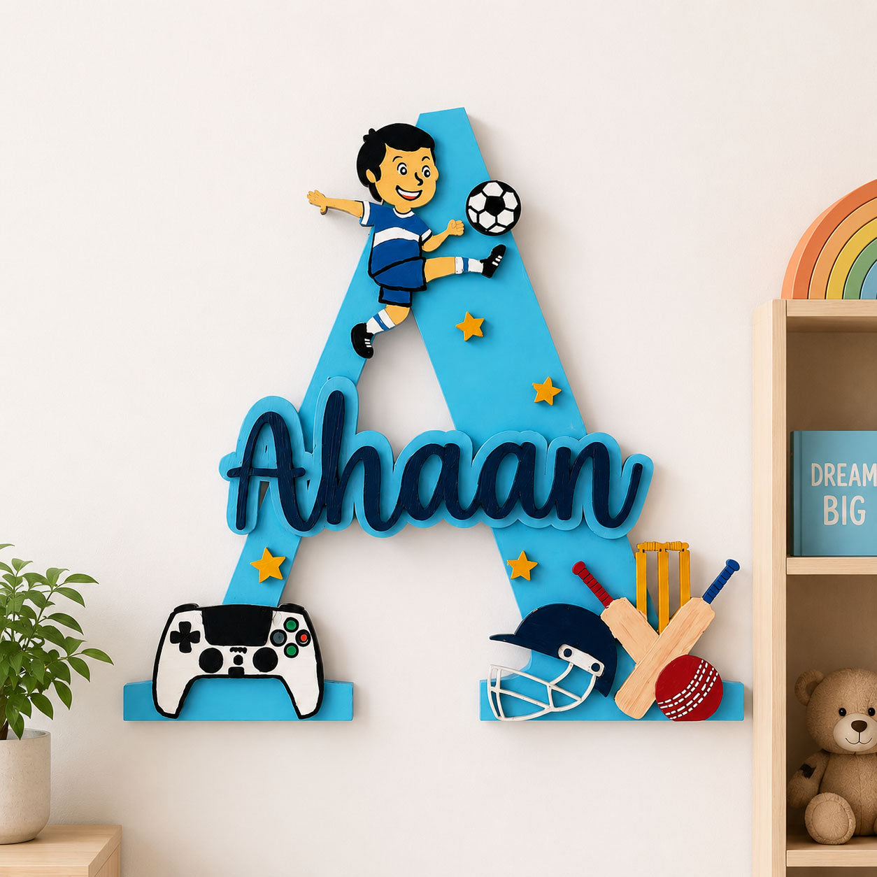 Sports Themed Layered Alphabet Initial Hand-Painted Wooden Kids Name Plate - Design 1