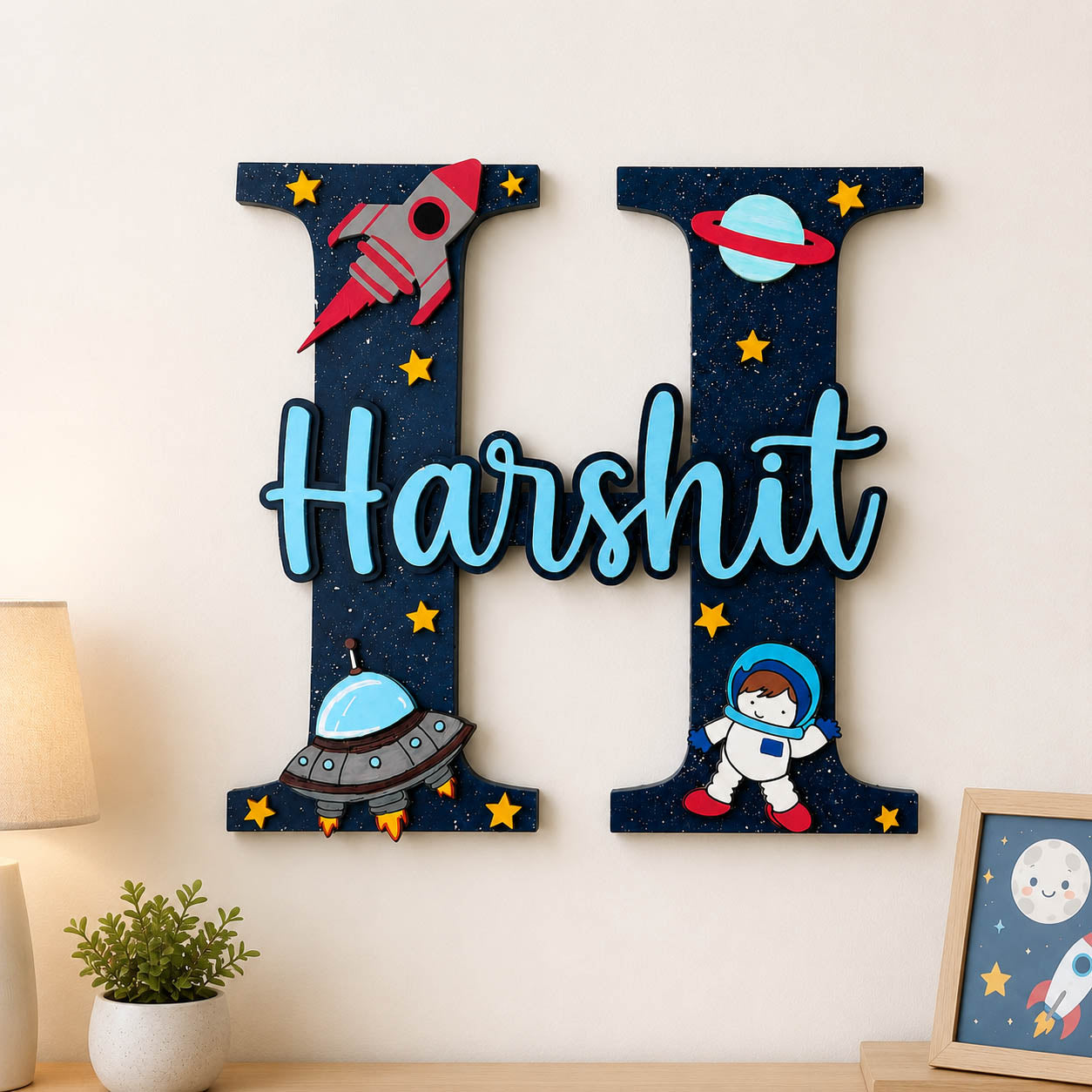 Space Themed Layered Alphabet Initial Hand-Painted Wooden Kids Name Plate - Design 1