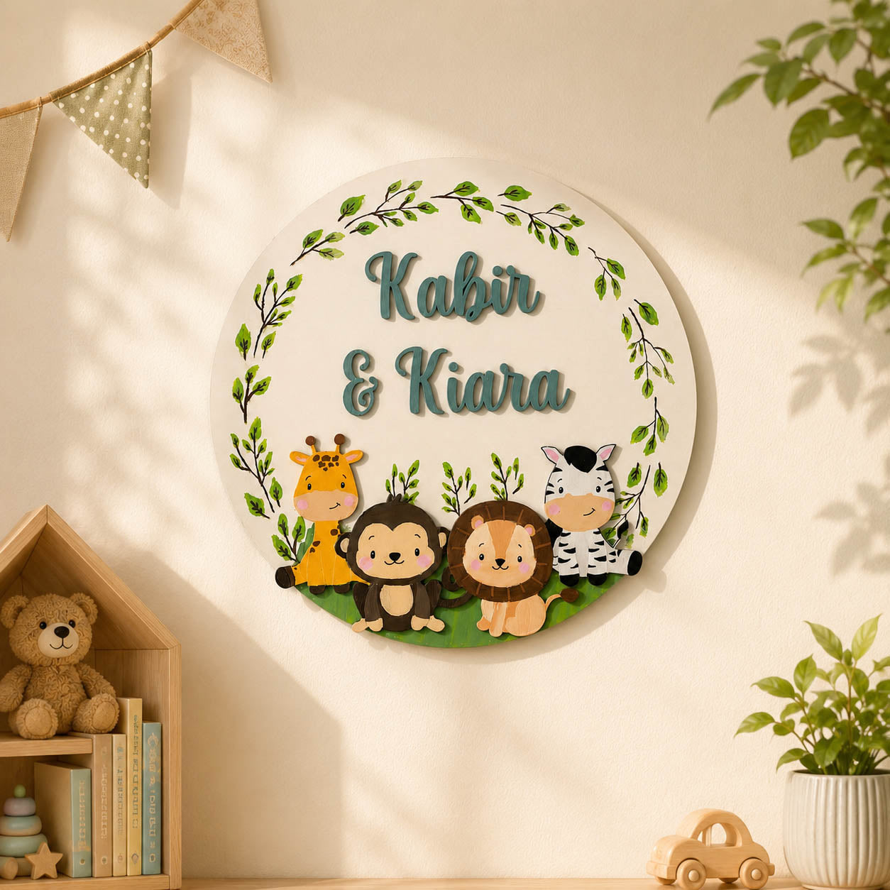 Animal Themed Hand-Painted Wooden Round Kids Name Plate - Design 7