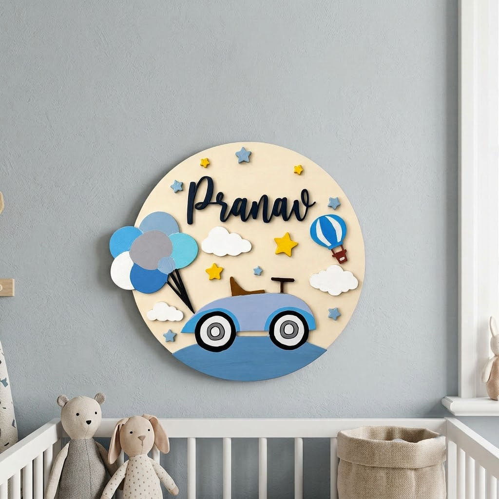 Car Themed Hand-Painted Wooden Round Kids Name Plate - Design 1