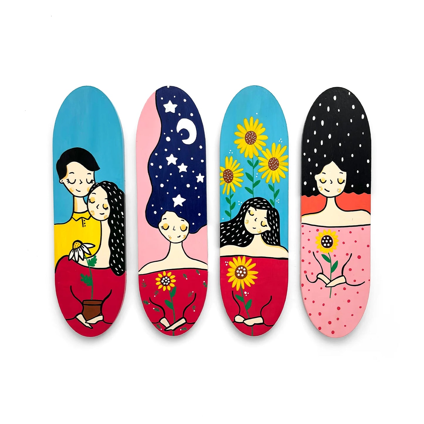 Happy Girl Hand-Painted Wooden Oval Wall Hanging Set of 4