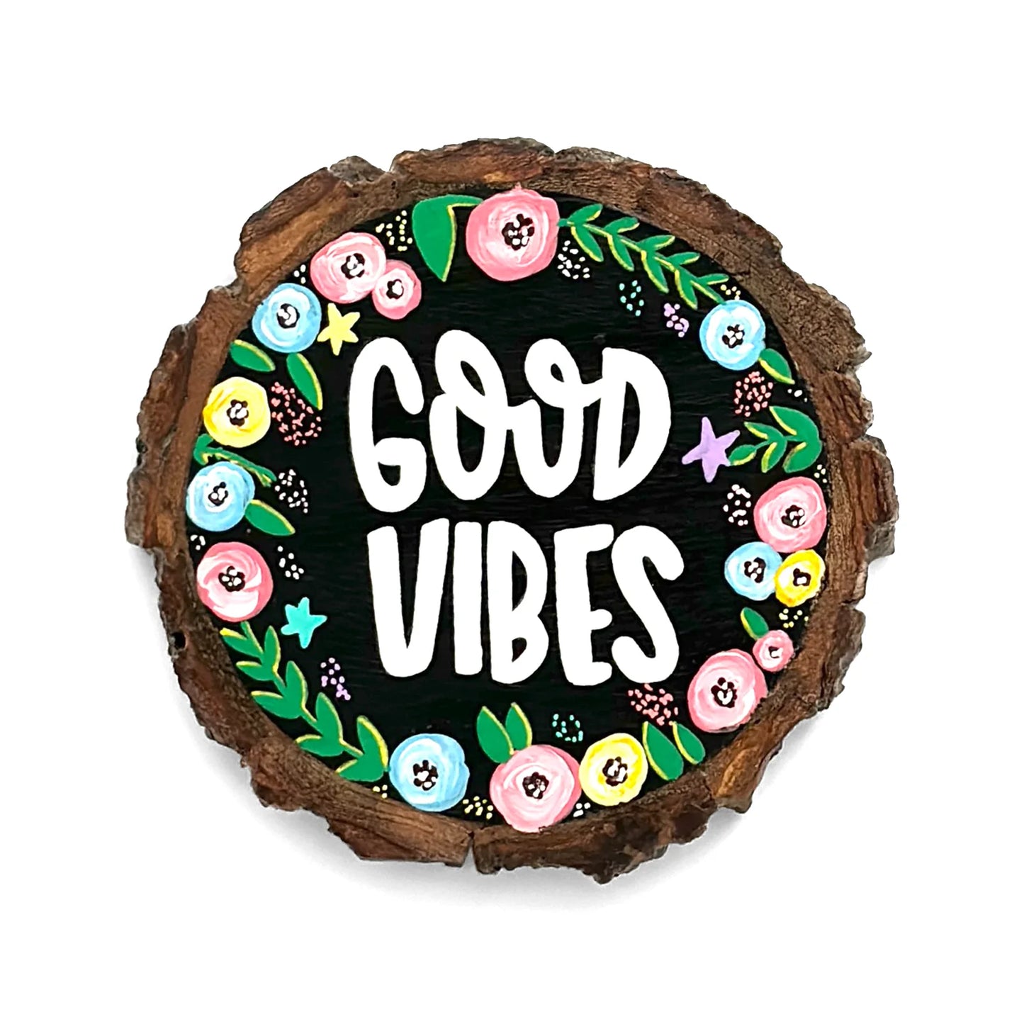 Good Vibes Hand-Painted Wooden Coaster- Black