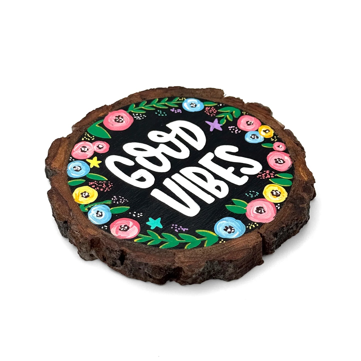 Good Vibes Hand-Painted Wooden Coaster- Black