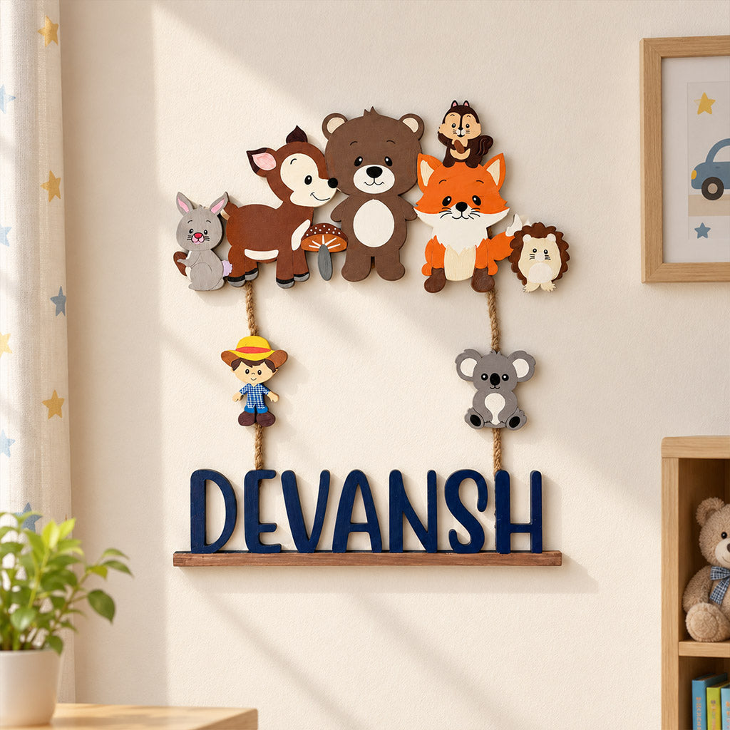 Animal Themed Hand-Painted Wooden Kids Name Plate - Design 6