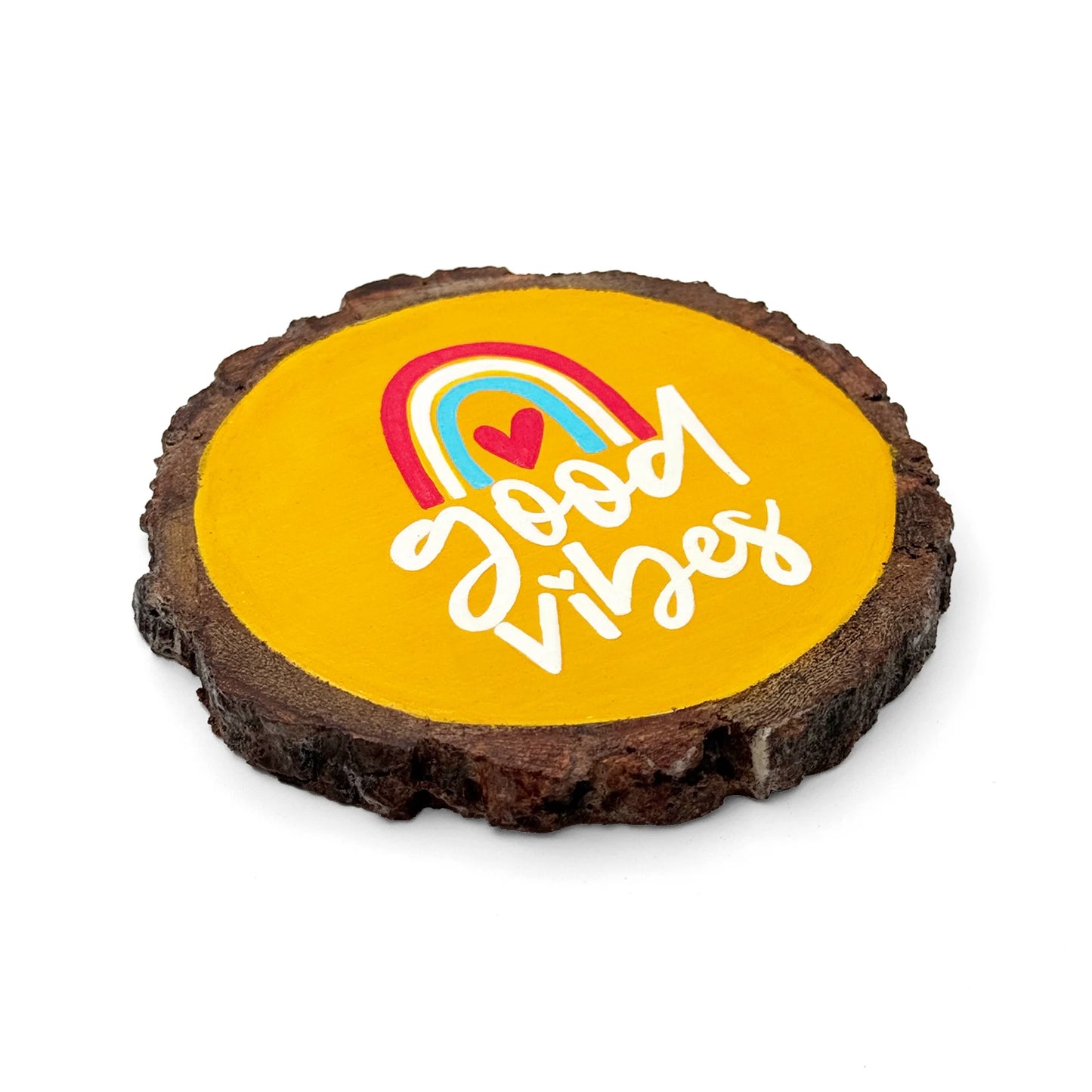 Good Vibes Hand-Painted Wooden Coaster- Yellow