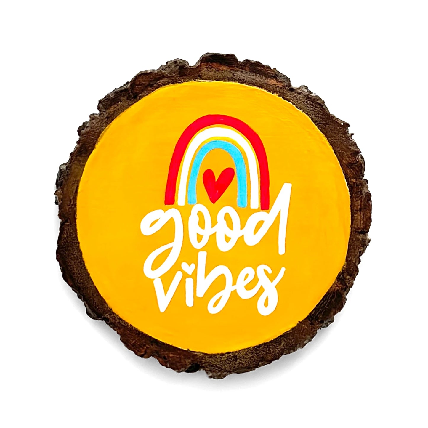 Good Vibes Hand-Painted Wooden Coaster- Yellow