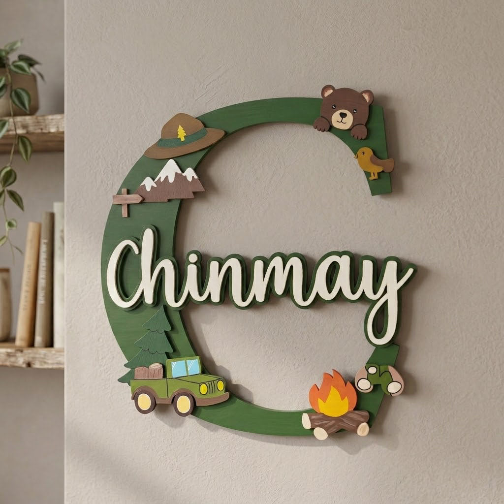 Jungle Safari  Themed Layered Alphabet Initial Hand-Painted Wooden Kids Name Plate Design 1