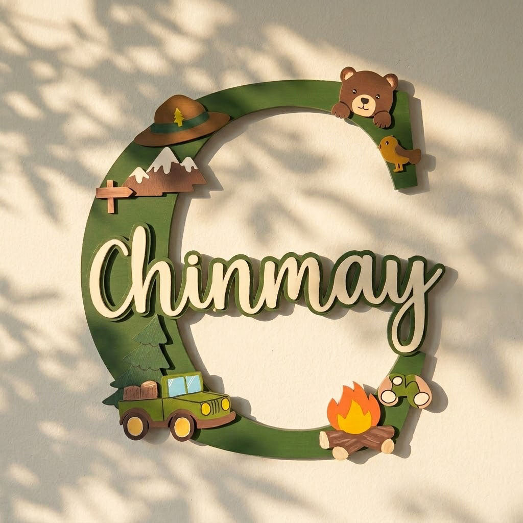 Jungle Safari  Themed Layered Alphabet Initial Hand-Painted Wooden Kids Name Plate Design 1