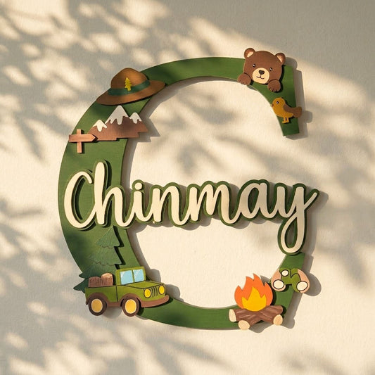 Jungle Safari  Themed Layered Alphabet Initial Hand-Painted Wooden Kids Name Plate Design 1