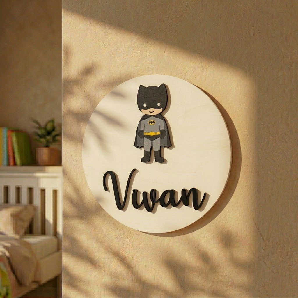 Batman Themed Hand-Painted Wooden Name Plate For Kids