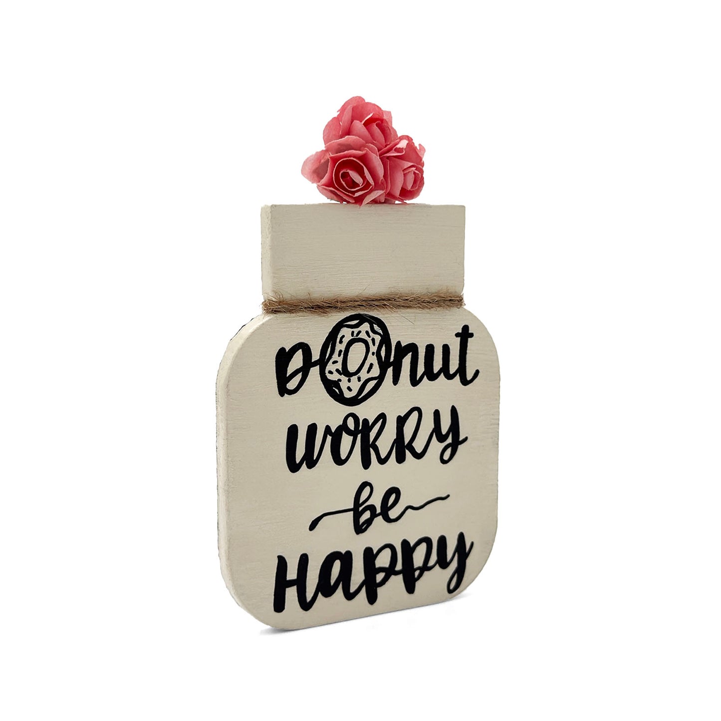 Donut Worry Be Happy Hand-Painted Wooden Mason Jar Fridge Magnet - Cream