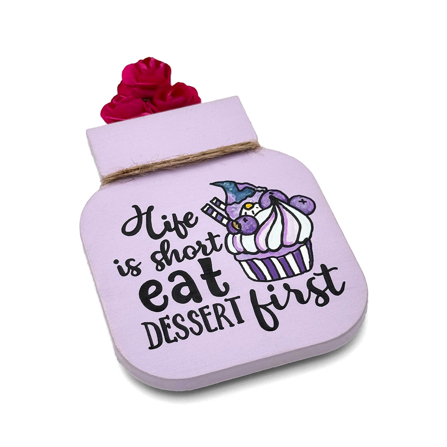 Life Is Short Eat Dessert First Hand-Painted Wooden Mason Jar Fridge Magnet - Purple