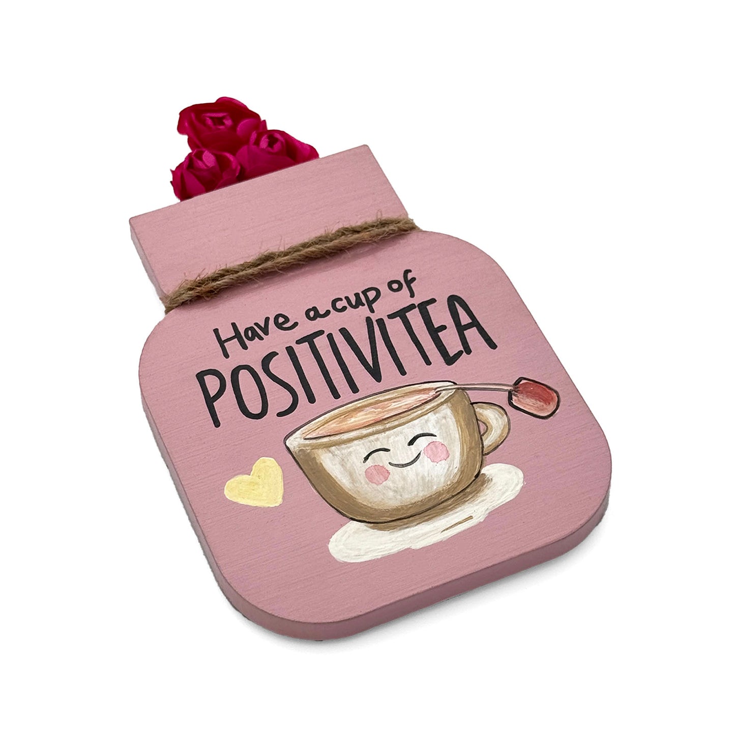 Have A Cup Of Positivitea Hand-Painted Wooden Mason Jar Fridge Magnet - Light Brown