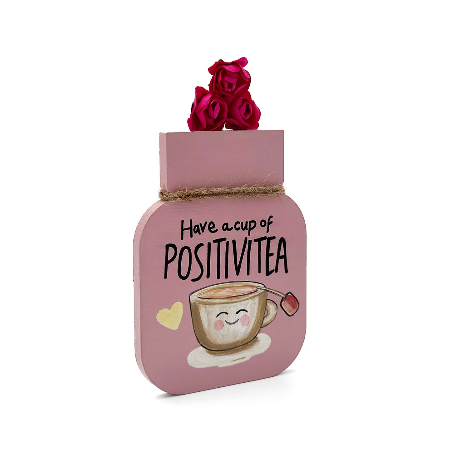 Have A Cup Of Positivitea Hand-Painted Wooden Mason Jar Fridge Magnet - Light Brown