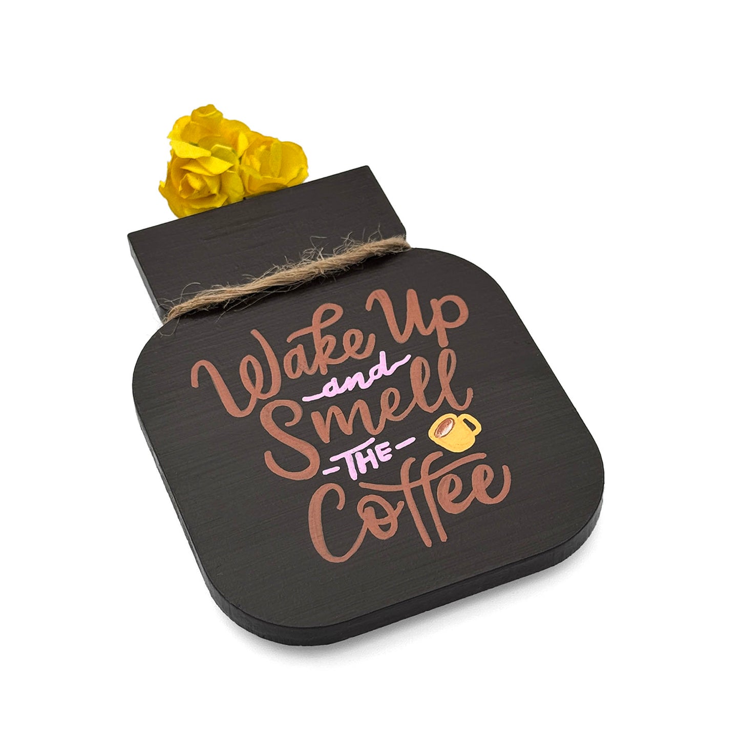 Wake Up And Smell The Coffee Hand-Painted Wooden Mason Jar Fridge Magnet - Black