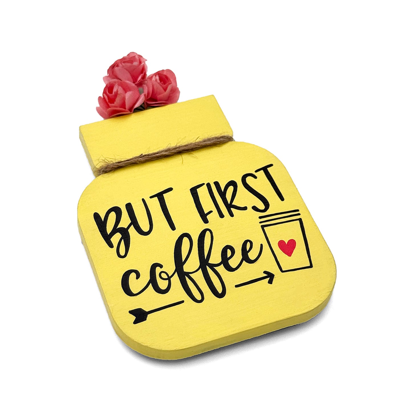 But First Coffee Hand-Painted Wooden Mason Jar Fridge Magnet - Yellow