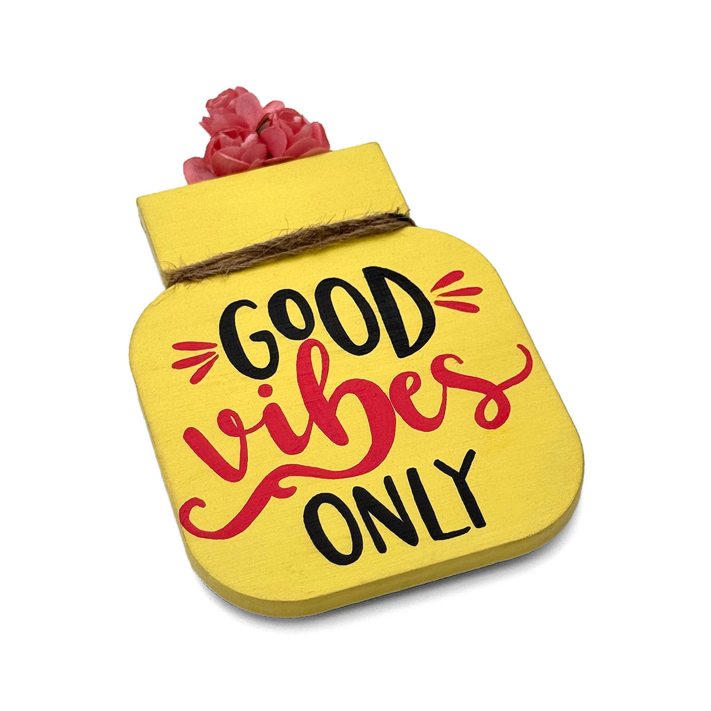 Good Vibes Only Hand-Painted Wooden Mason Jar Fridge Magnet - Yellow